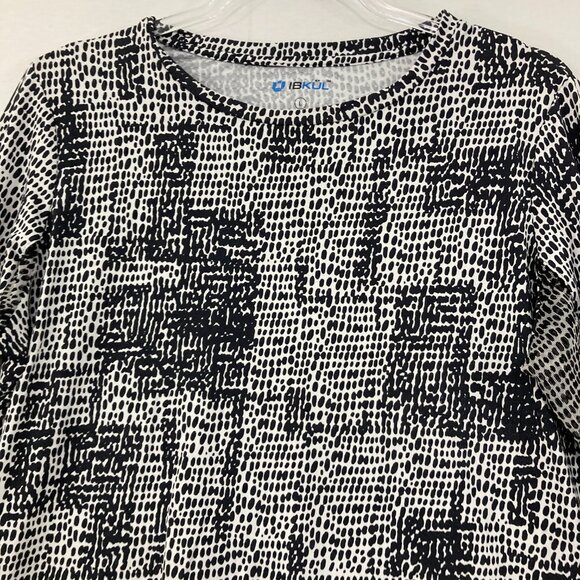 IBKUL Large Black White Abstract Stretch Crew Neck Long Sleeve Top Golf Active - Picture 3 of 8